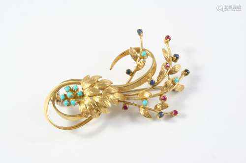 A GOLD AND GEM SET FOLIATE SPRAY BROOCH mounted with turquoi...