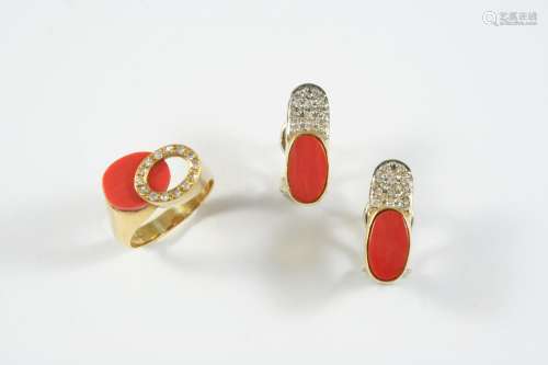 A PAIR OF CORAL AND DIAMOND EARRINGS each earring set with a...