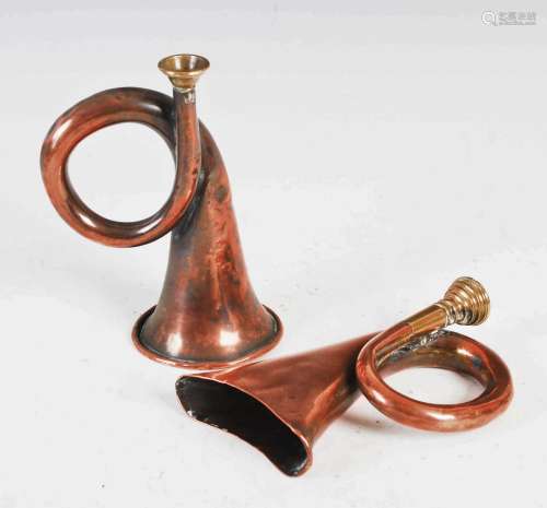 Two copper and brass bugle shaped hunting horns, 14.5cm long...