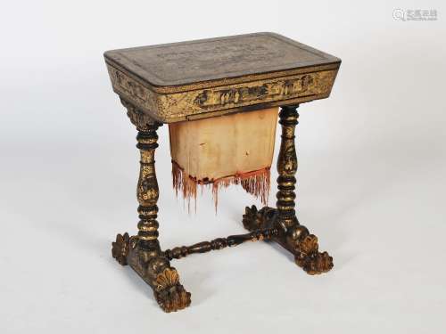 A 19th century Chinese export lacquer work table, the hinged...