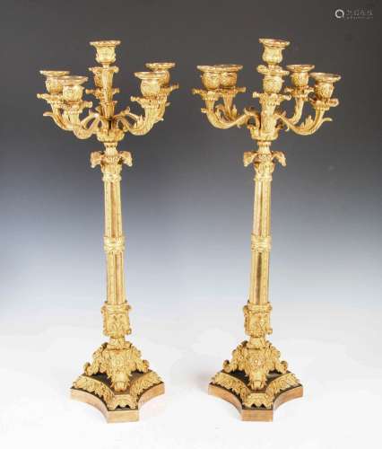 A pair of 19th century ormolu six light candelabra, the tape...