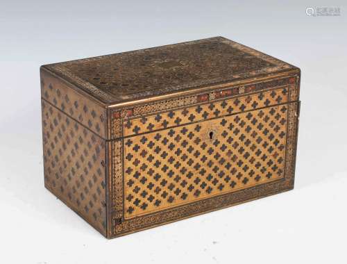A 19th century rosewood and brass inlaid tea caddy, the hing...
