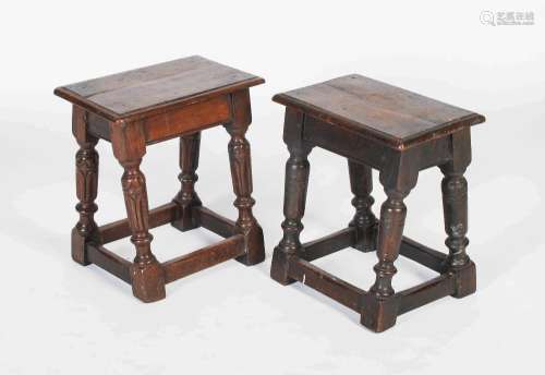 Two antique oak joynt stools, one with planked rectangular t...