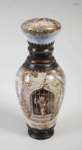 A late 19th century white metal mounted enamel scent bottle,...