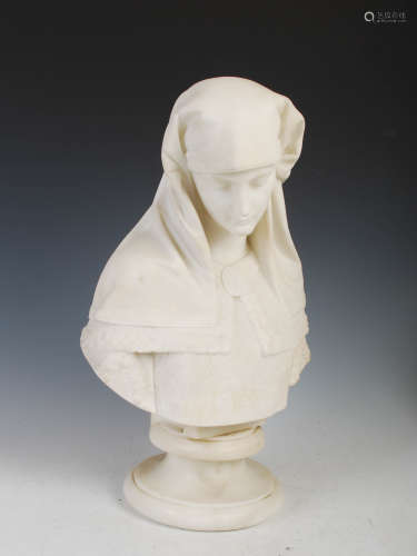 A late 19th Century white marble bust of a Nun, 36cm high x ...