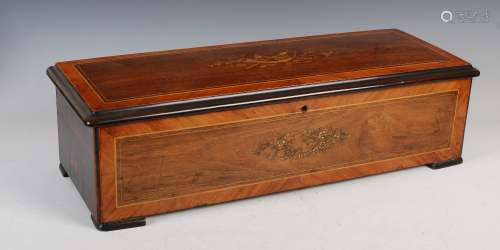 A 19th century rosewood and marquetry inlaid musical box, wi...