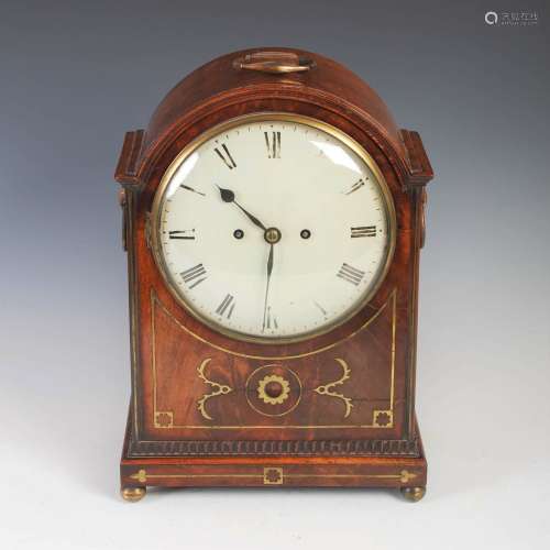 A Regency mahogany and brass inlaid bracket clock, the circu...