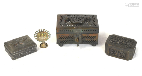 Four Pcs Chinese Metal Boxes & Silver Finial