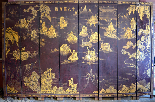 Chinese Lacquered Eight Panels Screen w 18 Luohans