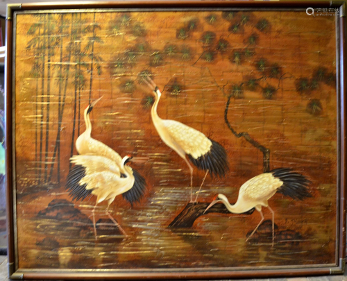 Large Japanese Oil Painting of Cranes