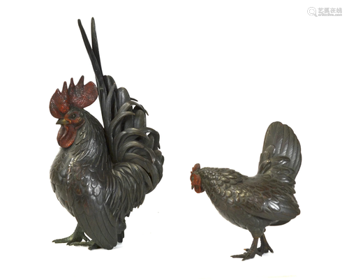 Two Japanese Bronze Roosters