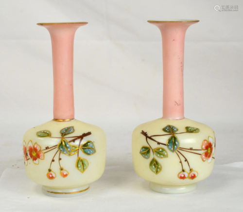Pr Painted Opline Long Neck Glass Vases