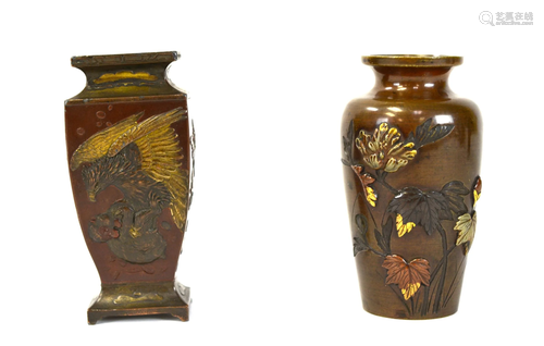 Two Japanese Bronze Mix Metal Vases