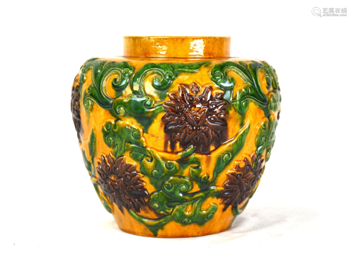 Chinese Carved Sancai Glazed Jar