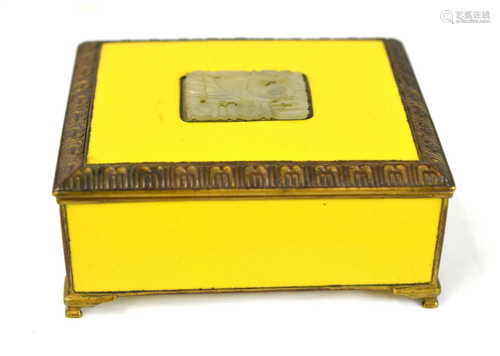 Chinese Yellow Enamel Box w Jade Insert