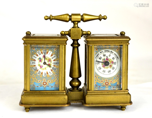 Double Carriage Enamel Bronze Barometer Clock