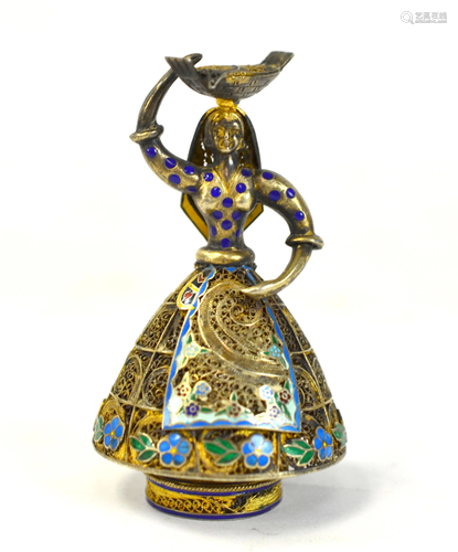 European Silver Enamel Filigree Figure of Lady