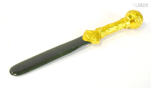 Spinach Jade Letter Opener w. Gold Handle