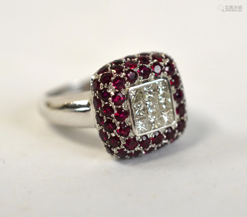 18K White Gold Ring w Diamonds & Rubies