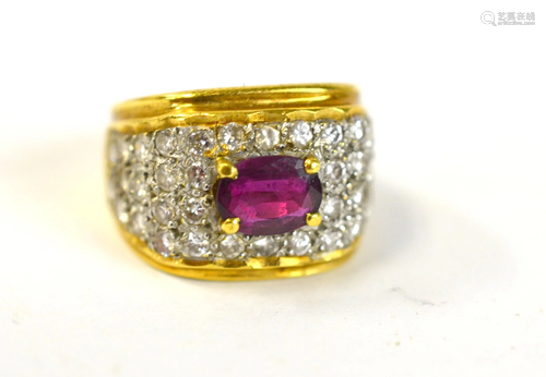 14K Gold Ring w. A Oval Cut Ruby & Diamonds