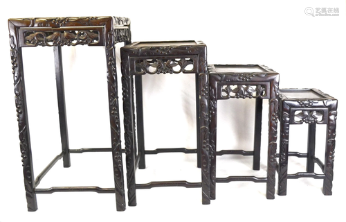 Chinese Carved Four Stacked Wood Side Tables