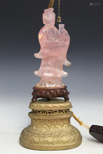 Chinese Carved Pink Quartz Guanyin Statue Lamp