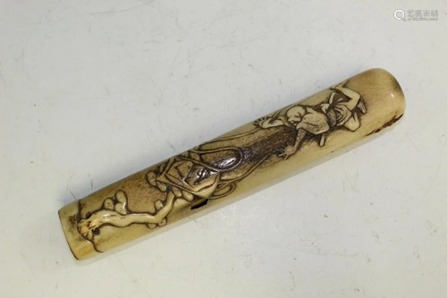 Japanese Carved Stag Horn Antler Smoking Pipe Case.