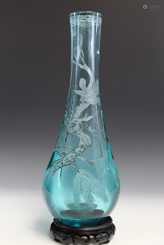 Chinese Carved Glass Tall Vase. Qianlong Mark.