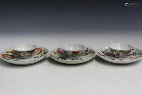 3 Sets of Chinese Famille Rose Cups and Saucers