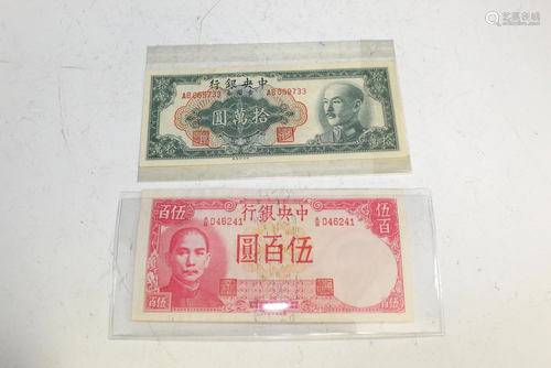 Two Pieces of Chinese Paper Currency.