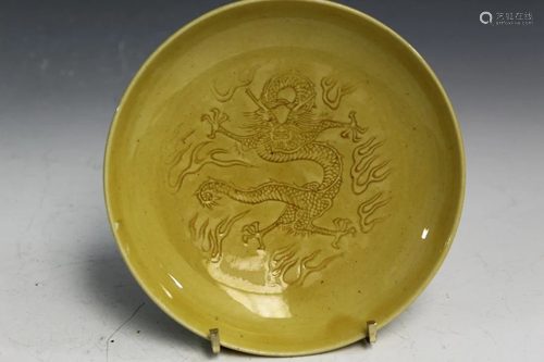 Chinese Yellow Glaze Porcelain Saucer with Dragon