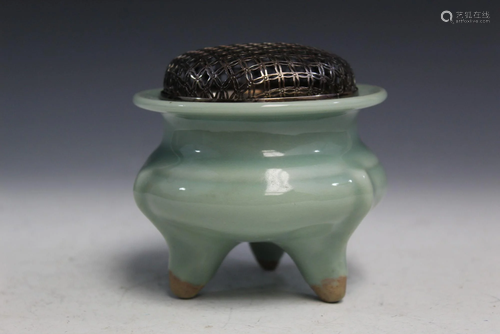 Chinese Celadon Incense Burner with Silver Lid.