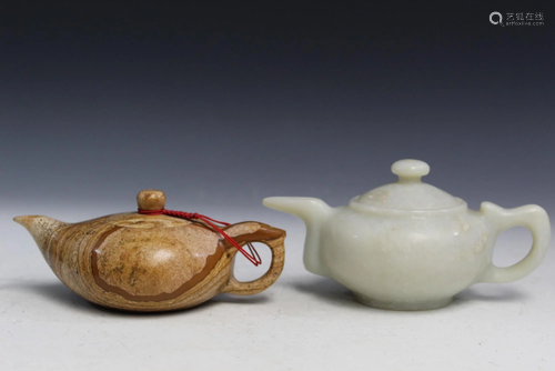 Two Chinese Carved Stone Teapots.