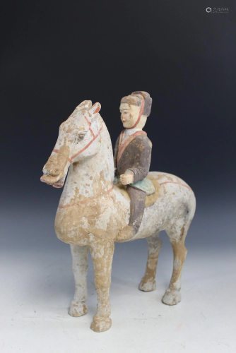 Chinese Terracotta Pottery Figure of a Man on a Horse
