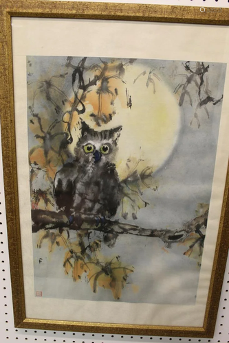 Chinese watercolor painting on paper of an owl. Signed.