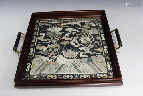 Chinese Embroidery Wood Tea Tray