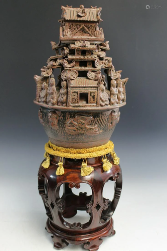 Chinese Pottery Funerary Urn on Wood Stand