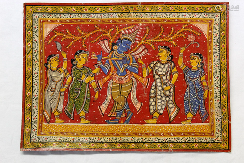 Antique Indian painting on leather, 17th/18th Century.