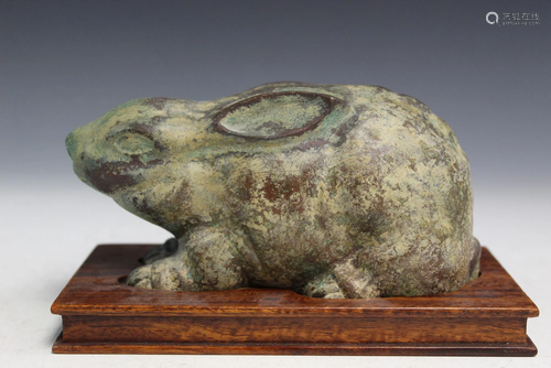 Chinese Bronze Rabbit Statue on Wood Stand