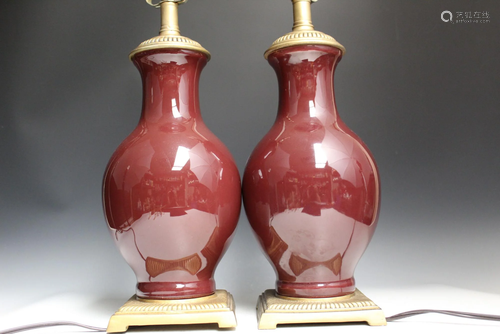 Pair of Red Glazed Porcelain Vase Lamps