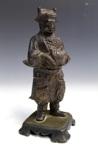 Chinese Bronze Statue of A Warrior Holding a Seal.