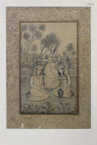 Woman with attendants, Indian black line on paper, mid