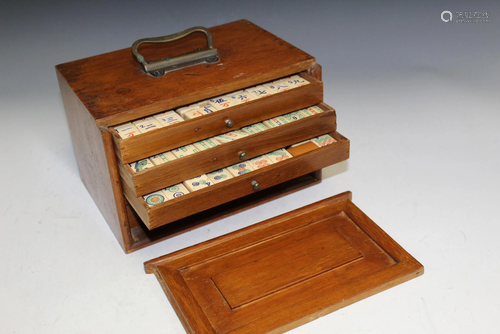 Carved Bone Mahjong Set in a Wood Box