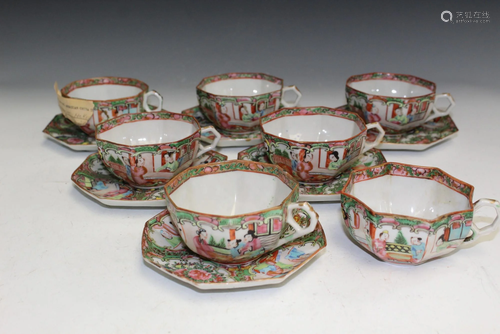 7 Chinese Octagonal Rose Medallion Porcelain Cups and 8