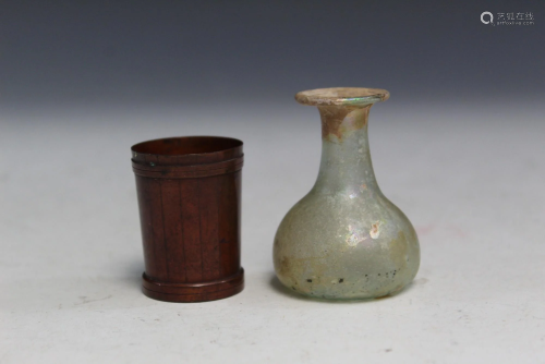 Old Glass Miniature Vase and Gorham Co. Brass Miniature