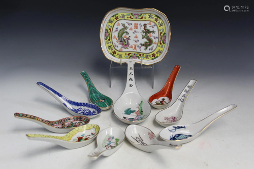 Chinese Porcelain Dish and Ten Spoons