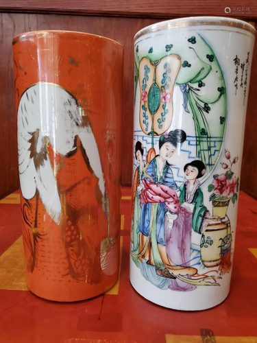 Two Chinese famille rose porcelain hat vases.