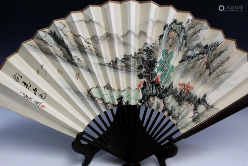 Chinese water color painting and calligraphy on fan.