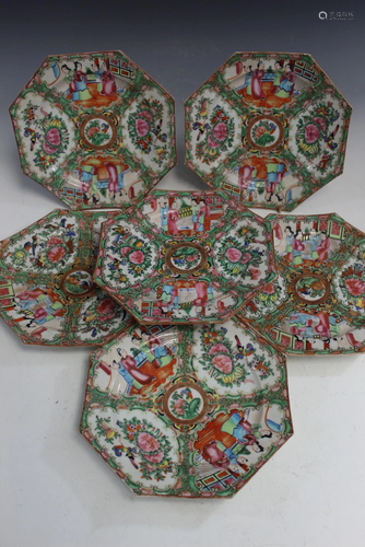 6 Chinese Rose Medallion Porcelain Octagonal Dishes