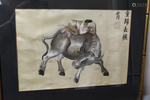Chinese Embroidery of a Boy and Buffalo